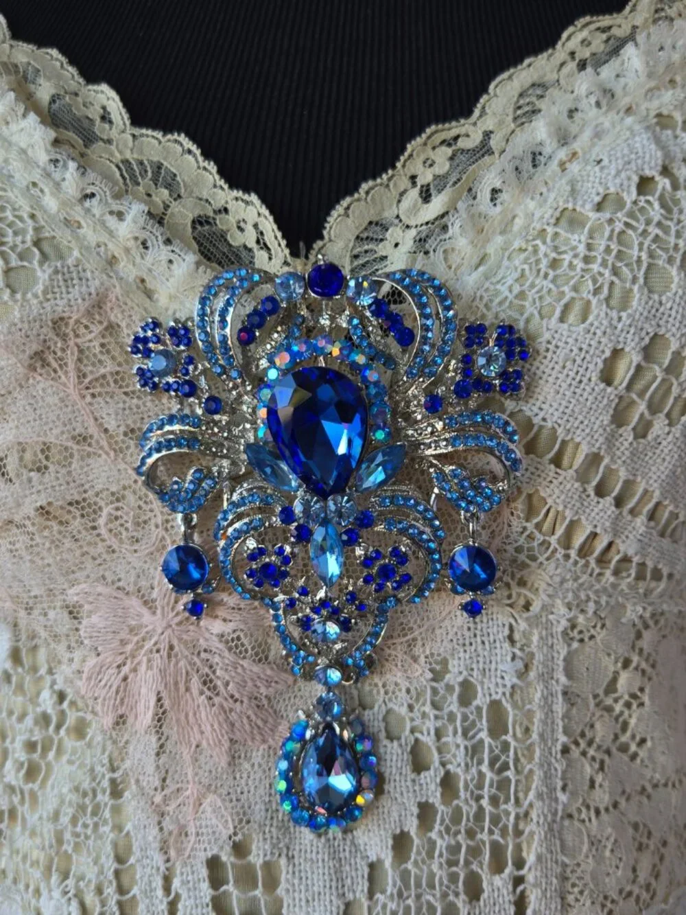Bejewelled Blue Crystal Ornate Brooch Romantic Victorian Style